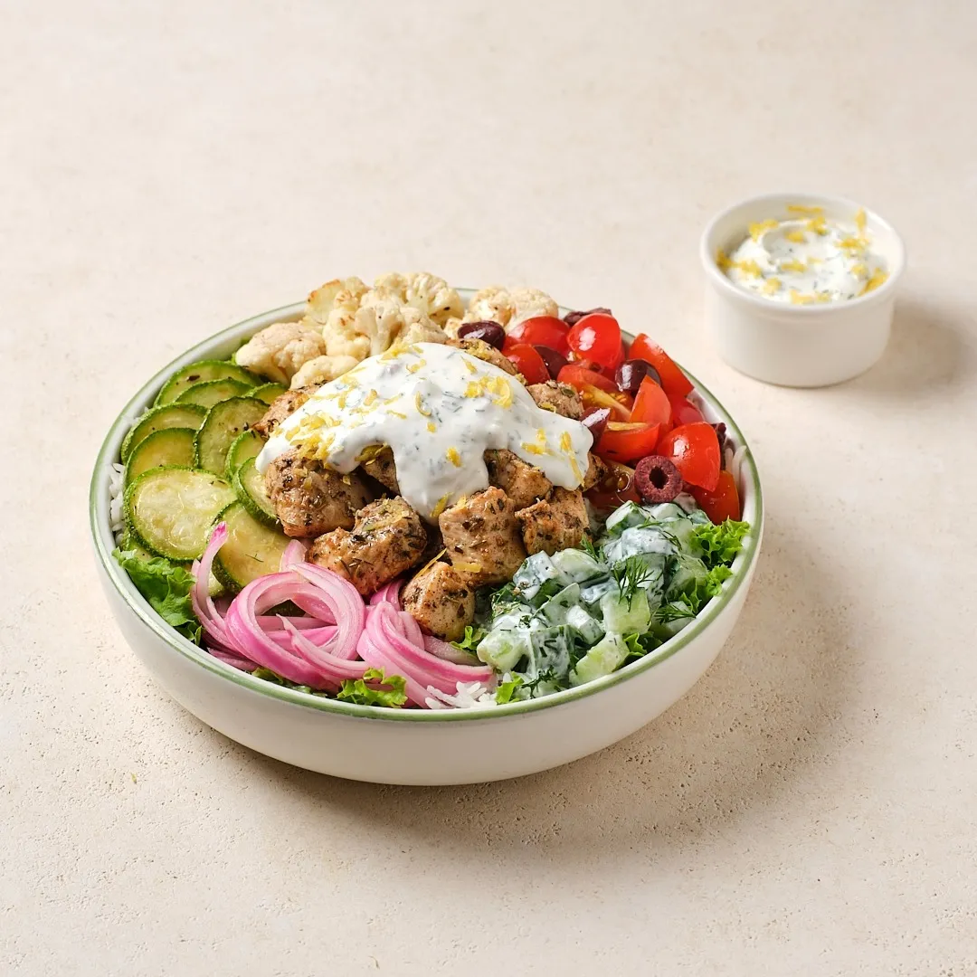 Mediterranean Bowl with Salmon & Cauliflower Rice